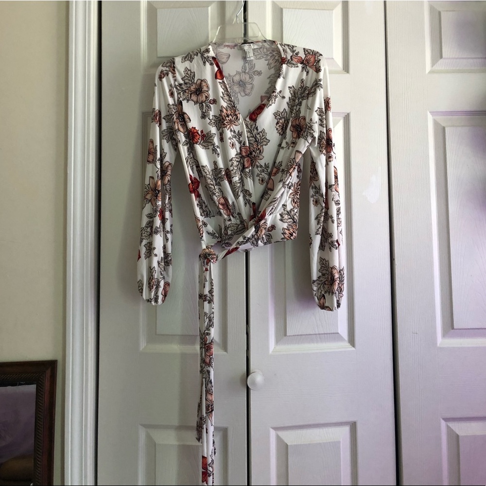 Floral long sleeve wrap style crop top